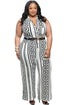 Sexy Plus Size White Print Gold Belted Jumpsuit